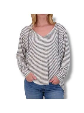 LUCKY BRAND Super Soft Grey / Cream Striped Hoodie Long Sleeve US Sz L